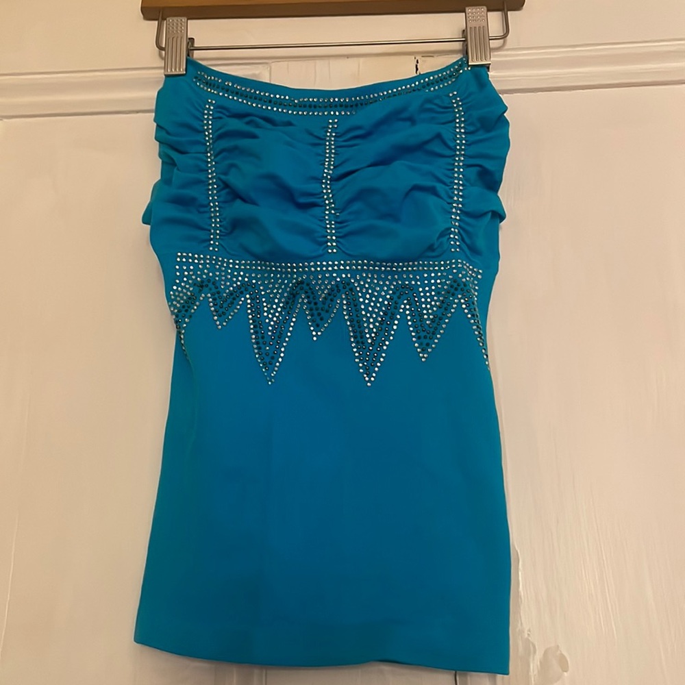 Sexy blue strapless top with rhinestone detailing